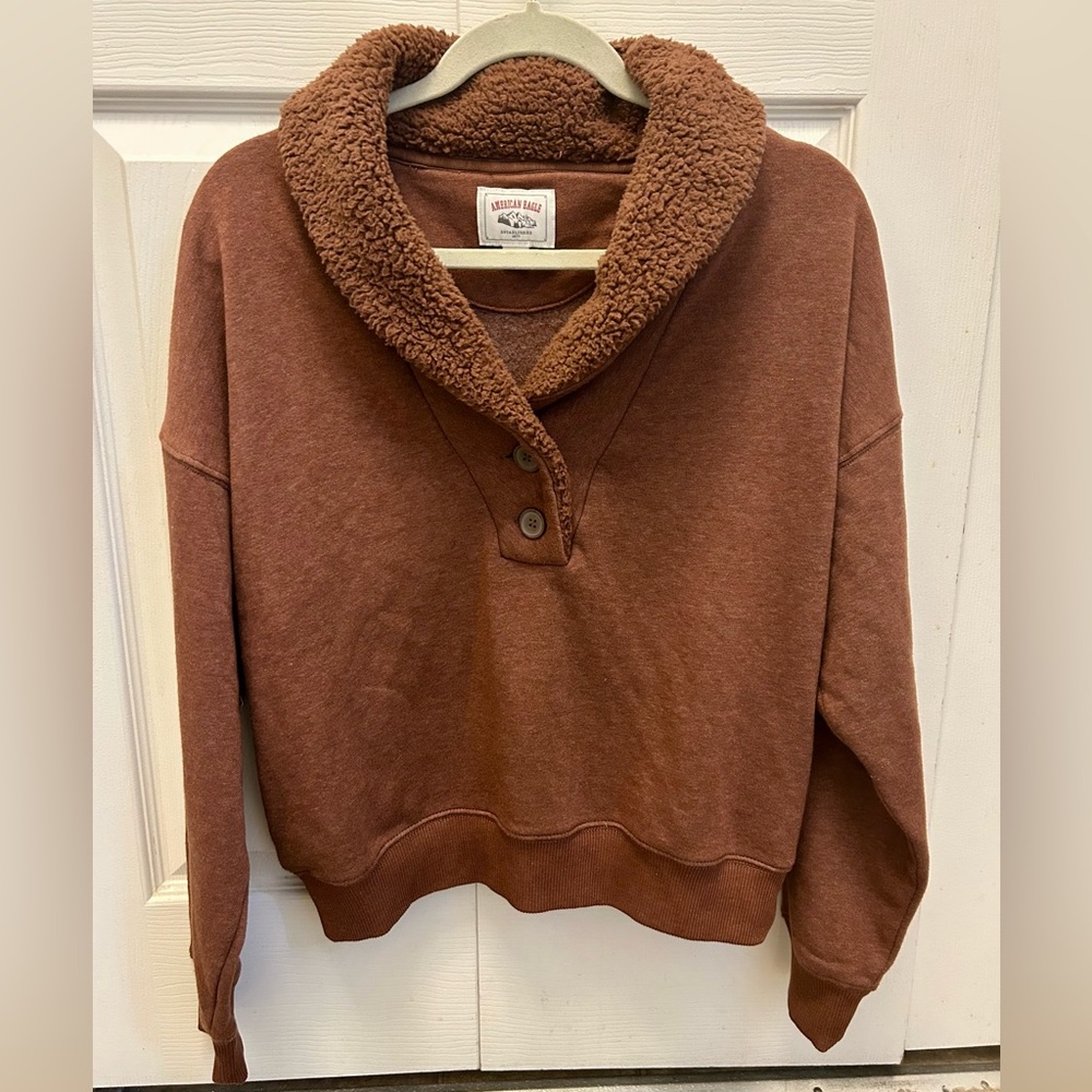 Vintage Y2K American Eagle Outfitters Rust Sherpa Collar Button Pullover - Picture 1 of 5